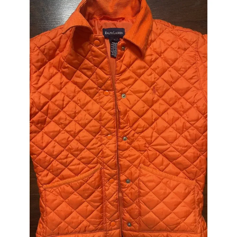 Kids Ralph Lauren Jacket Quiled Size S Winter Coat Corduroy Collar Orange Puffer